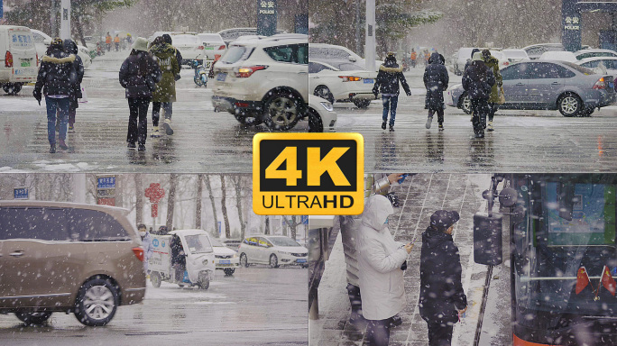 原创4k雪中行人过马路