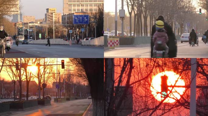 城市日出街道早晨下班路上日落余晖车流交通