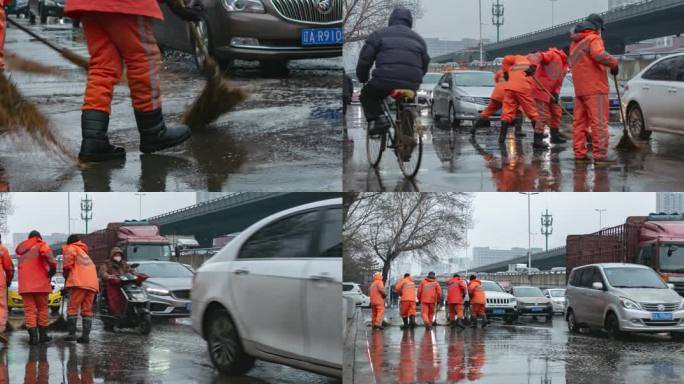 环卫工人扫马路积水下雨城市立交桥交通车流