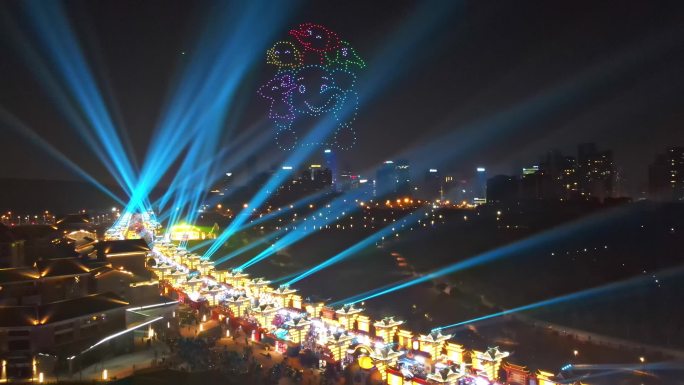 南宁之夜灯光秀无人机表演航拍视频素材