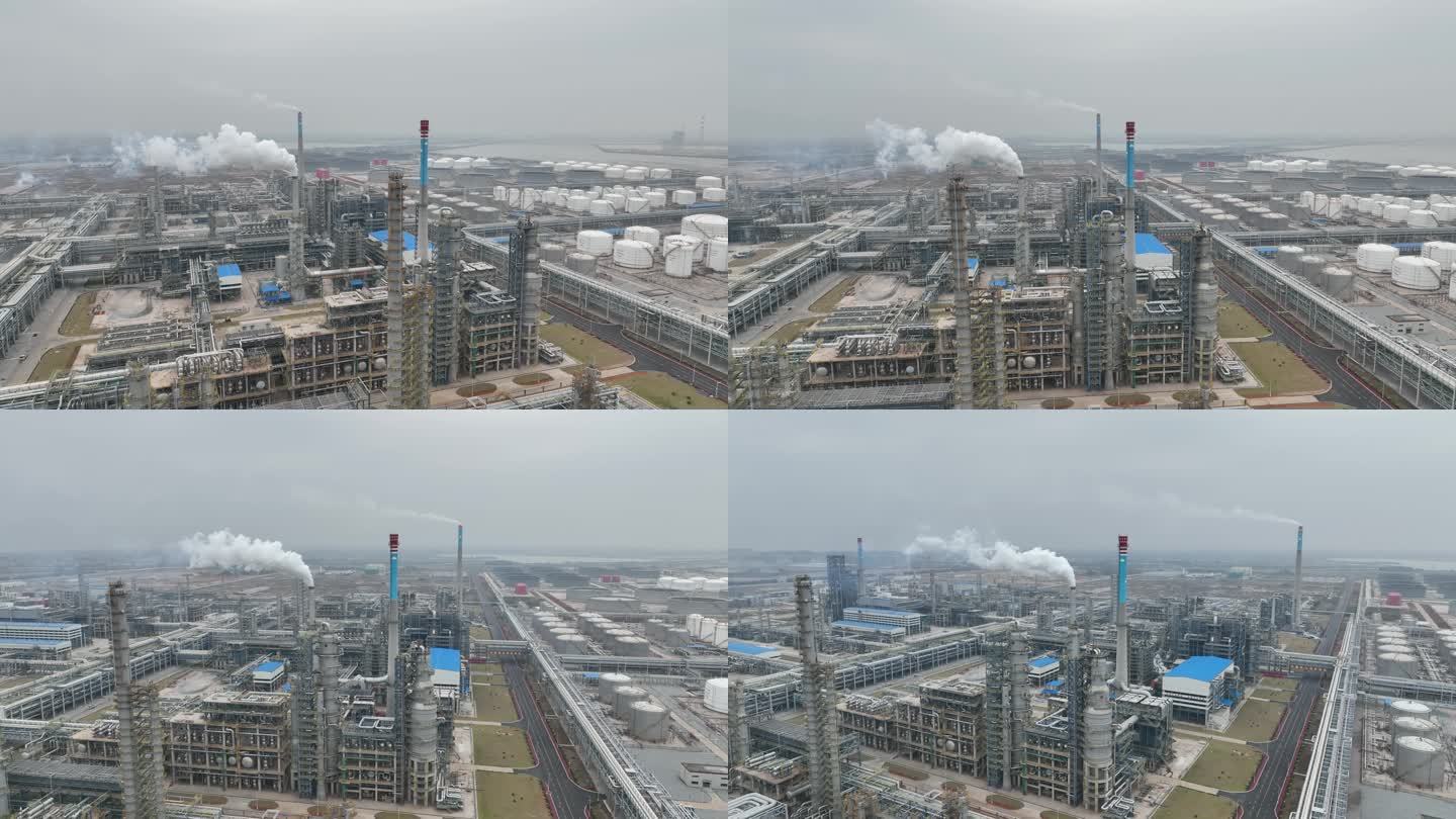 航拍炼油厂烟囱污染废气排放
