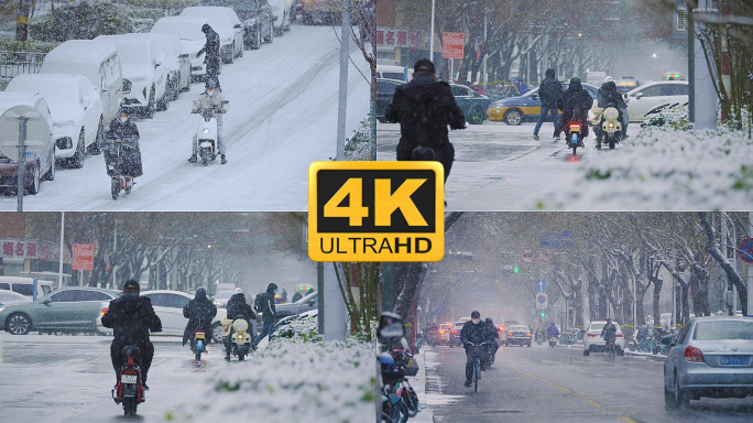 原创4k城市雪中的行人