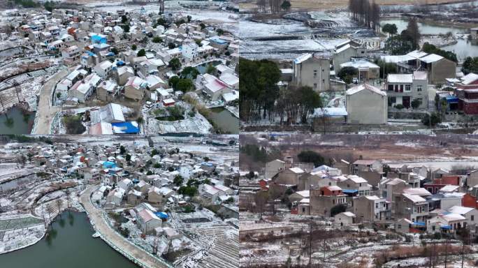 航拍农村冬季雪景下雪