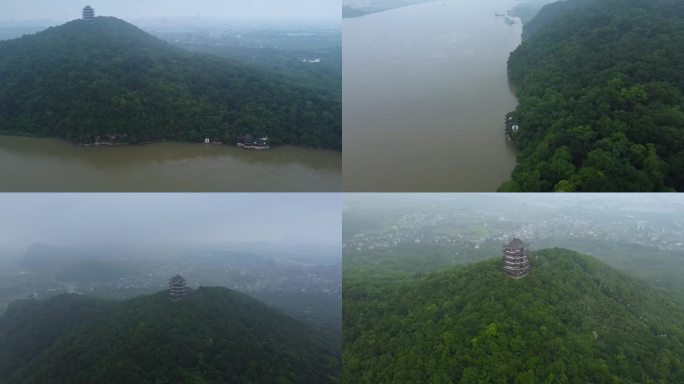 航拍素材.采石矶烟雨全景