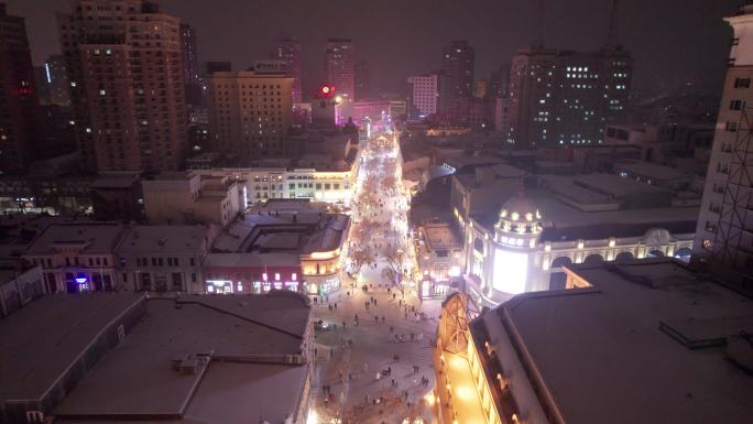 哈尔滨中央大街夜晚雪景航拍