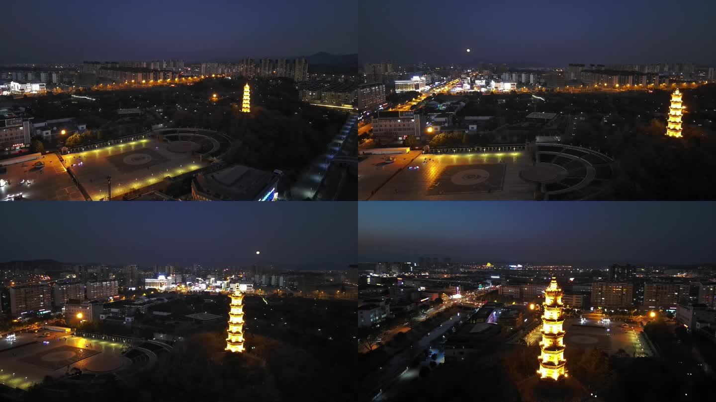夜晚的小城发光的文峰塔