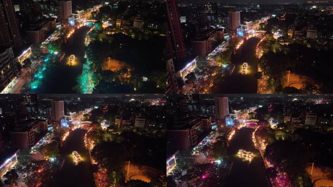 航拍佛山南海里水水乡夜景灯光全貌