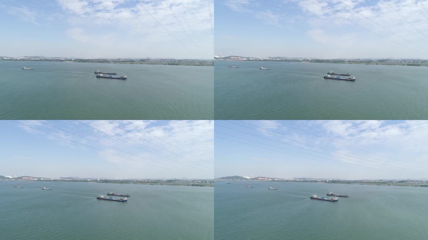 航拍跨江大桥 货轮过桥 晴朗 江面水面