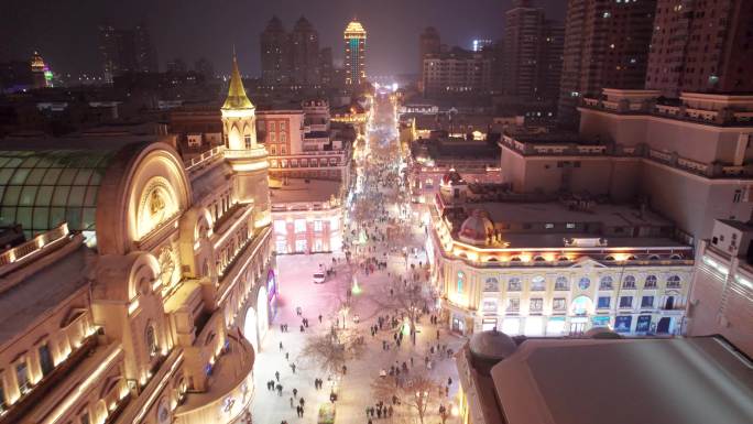 哈尔滨中央大街夜晚雪景航拍