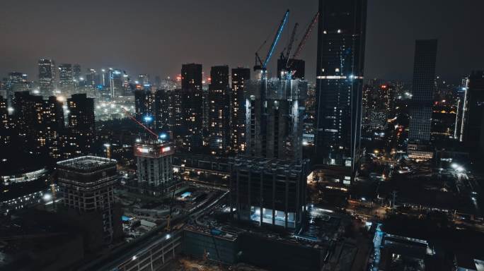 航拍深圳湾超级总部建设进展夜景