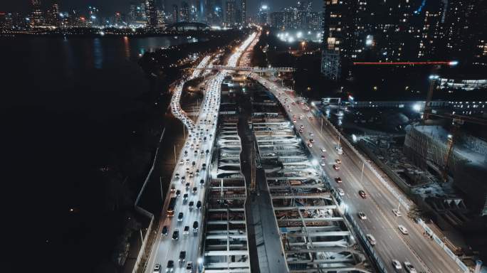 航拍深圳湾超级总部建设进展夜景