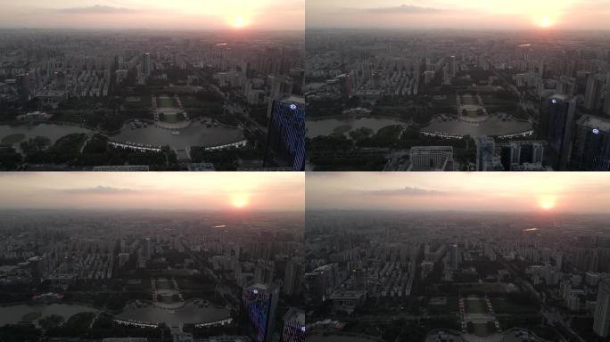 黄昏 车流 城市建筑 湖