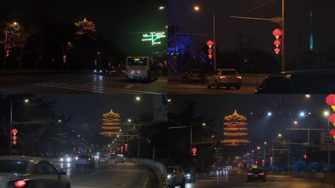 武汉春节前夕的黄鹤楼和长江大桥灯笼景观