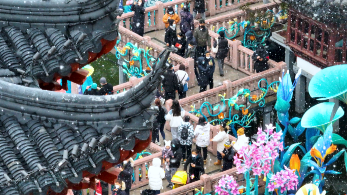 【4K60帧】上海城隍庙豫园中雪航拍