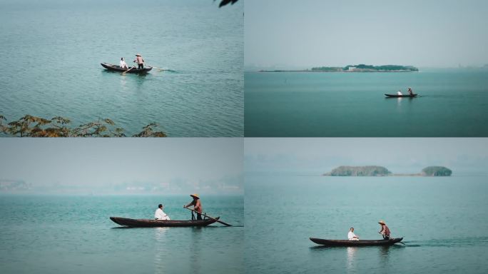 湖面泛舟 渔船划船泛舟 一叶扁舟 小木船