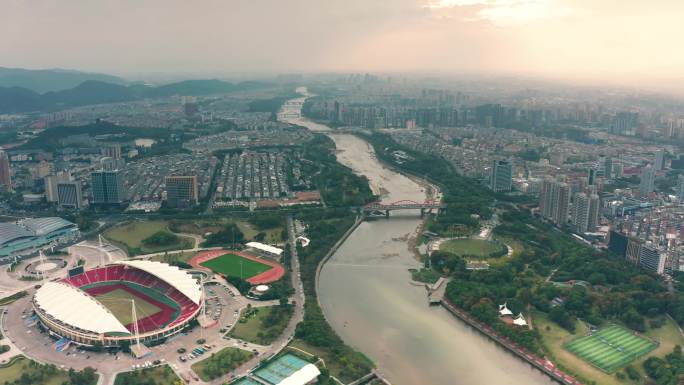 义乌市体育场城市地标风光大景鸟瞰航拍