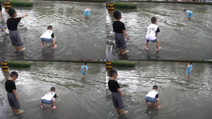 城市内涝，积水，暴雨小朋友玩耍，儿童玩水