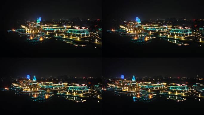 浙江省湖州市公园渔人码头景观航拍夜景