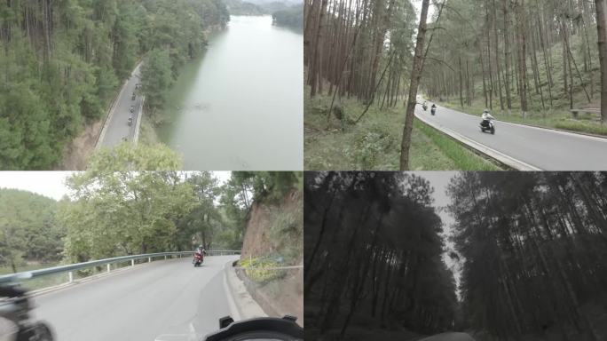 摩托车小树林航拍地拍 树林骑行 湖边骑行