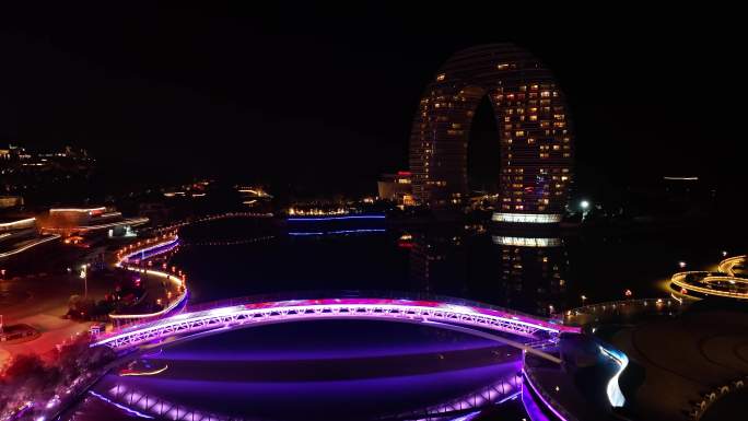 浙江湖州月亮广场喜来登夜景月亮酒店航拍