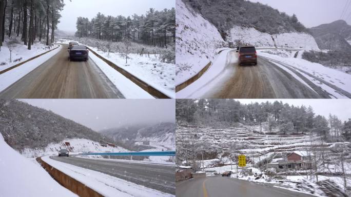 冬季雨雪天气行车在乡村公路回家过年