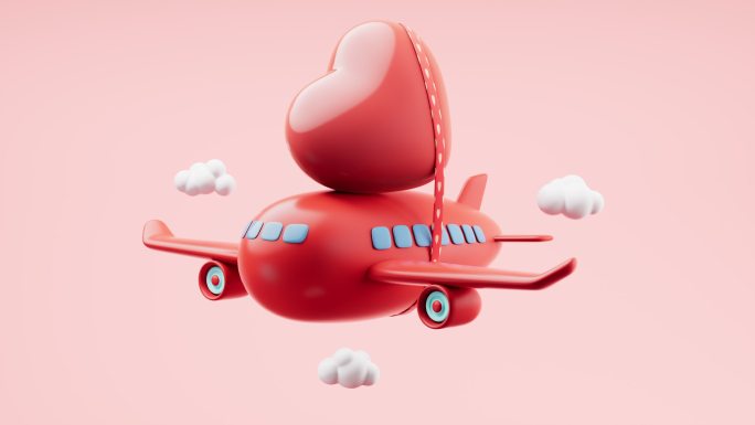 卡通风格爱心与飞机循环动画3D渲染