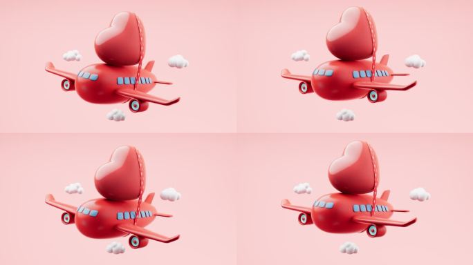 卡通风格爱心与飞机循环动画3D渲染