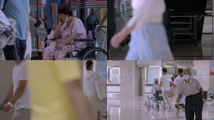 医院里多个轮椅上的老年肿瘤患者