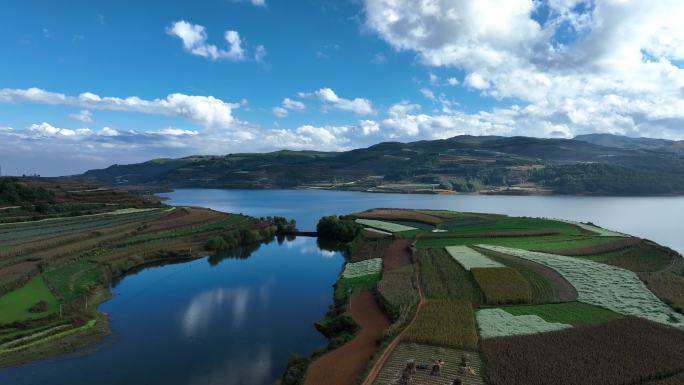 蓝色水湾与绿色田野