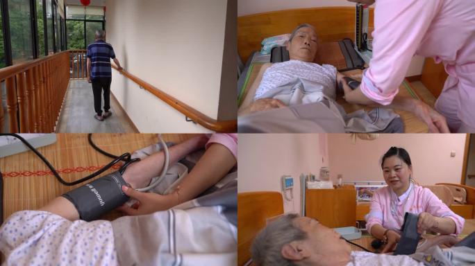 养老院实拍，护工给老人量血压