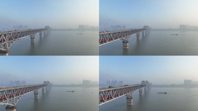 航拍货运火车通过九江长江大桥