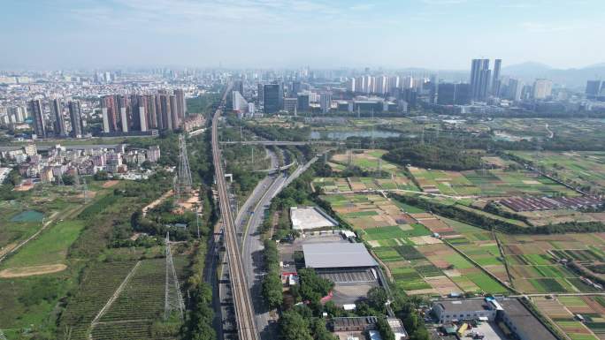 深圳坪山区龙田街道大片农田和城市建筑群