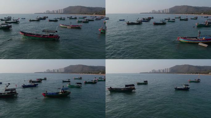 4K航拍休渔期停靠在海岸边的渔船