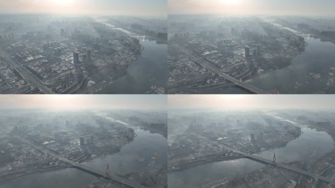 冬季城市高空航拍早上 水系河流 临沂全景