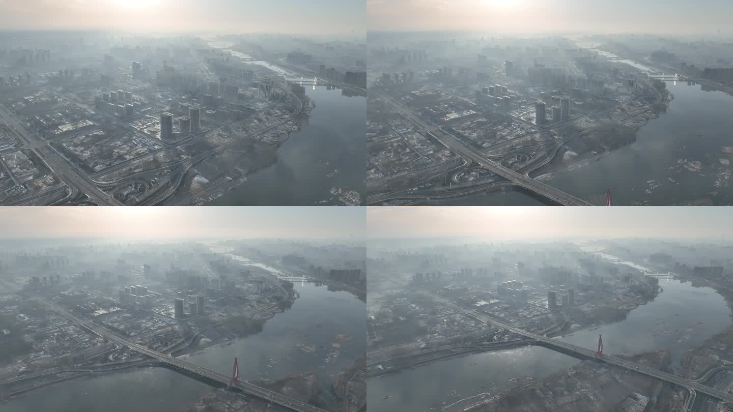 冬季城市高空航拍早上 水系河流 临沂全景