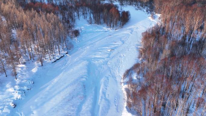 航拍林海雪原冰封河流