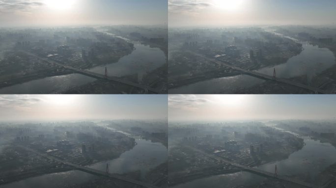 冬季城市高空航拍延时 雾霾水系河流 临沂