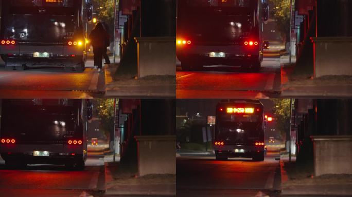 夜晚城市马路两人赶上公交车后离开。