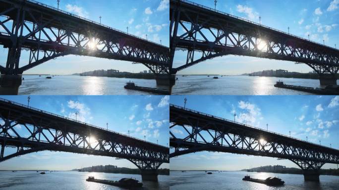 南京长江大桥 阳光穿桥孔 船过桥