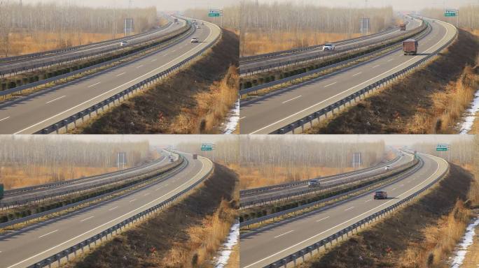 乡村一条蜿蜒的高速公路车辆急速往来行驶