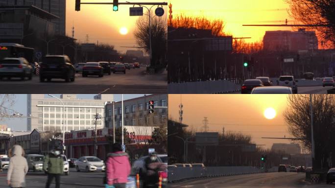 冬天行人唯美夕阳骑行都市生活街道汽车城市