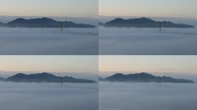 航拍远山大海清晨云雾缭绕、