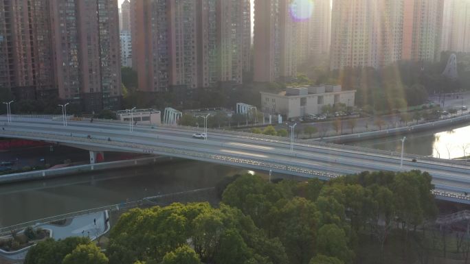 4K原素材-航拍上海苏州河古北路桥