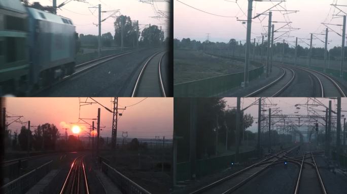 火车车窗外的风景第一视角夕阳落日回家