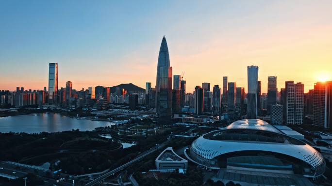 航拍深圳湾后海夕阳宣传片大场景