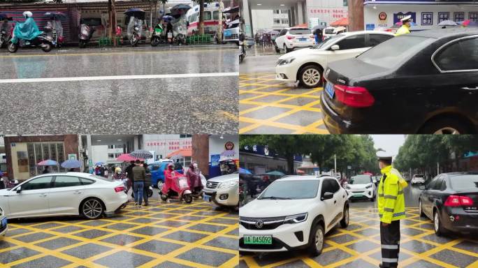 公安局门口撞车街道雨天交警冒雨执勤雨行人