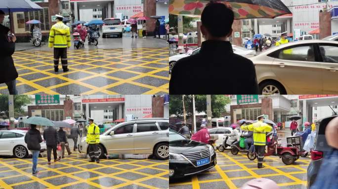 交警冒雨执勤雨中行人警察交警雨中执勤