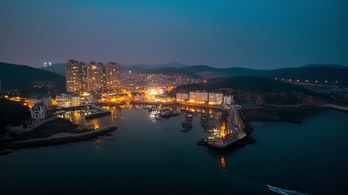 辽宁大连渔人码头夜景航拍海边码头城市