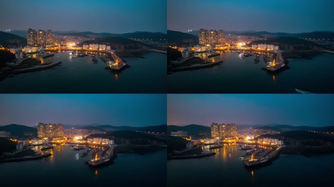 辽宁大连渔人码头夜景航拍海边码头城市