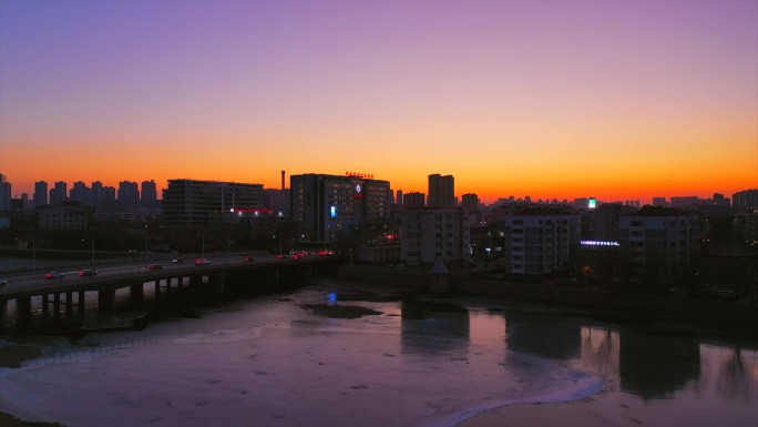 春节冬季傍晚夜景航拍